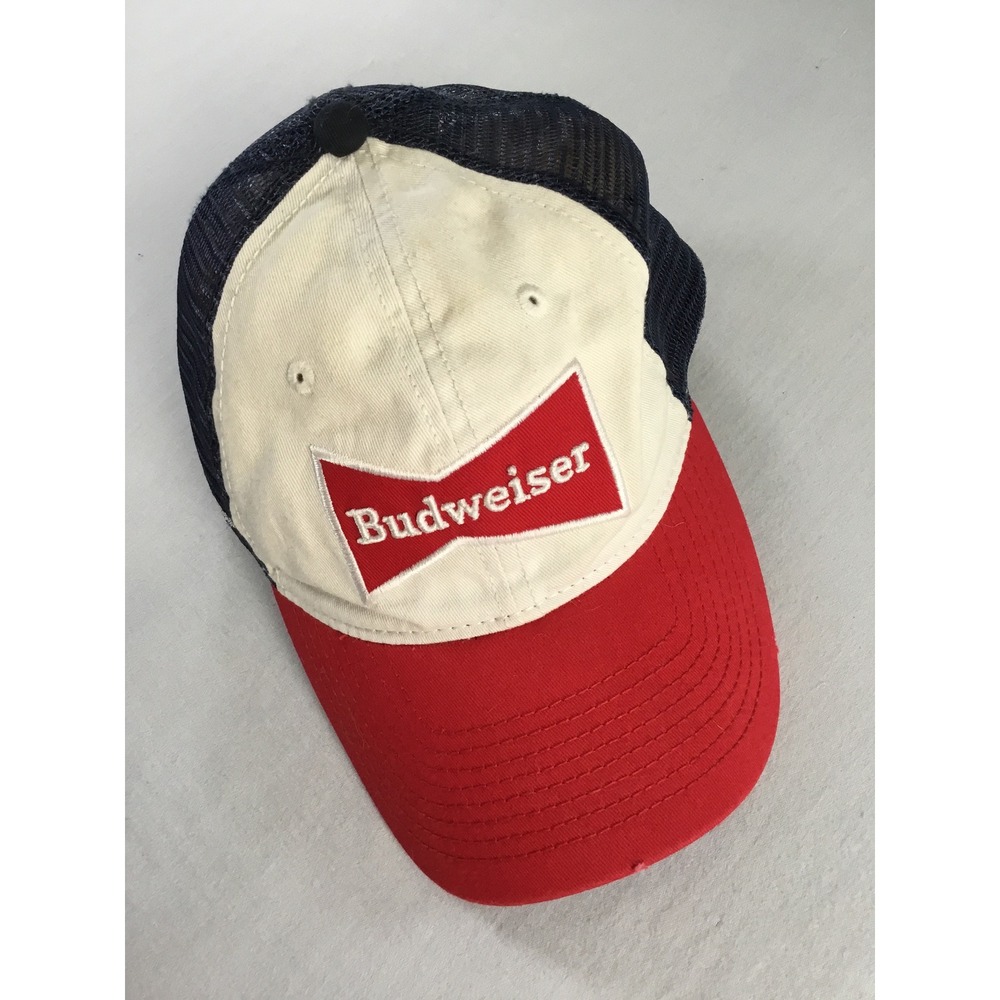 Budweiser Cap Trucker Hat Navy Blue White Red Snapback Anheuser-Busch Mesh Beer